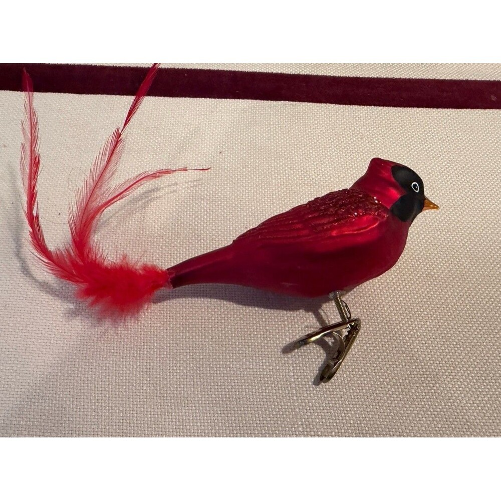 VTG Old World Christmas Blown Glass Cardinal Clip On Tree Ornament Feather Tail